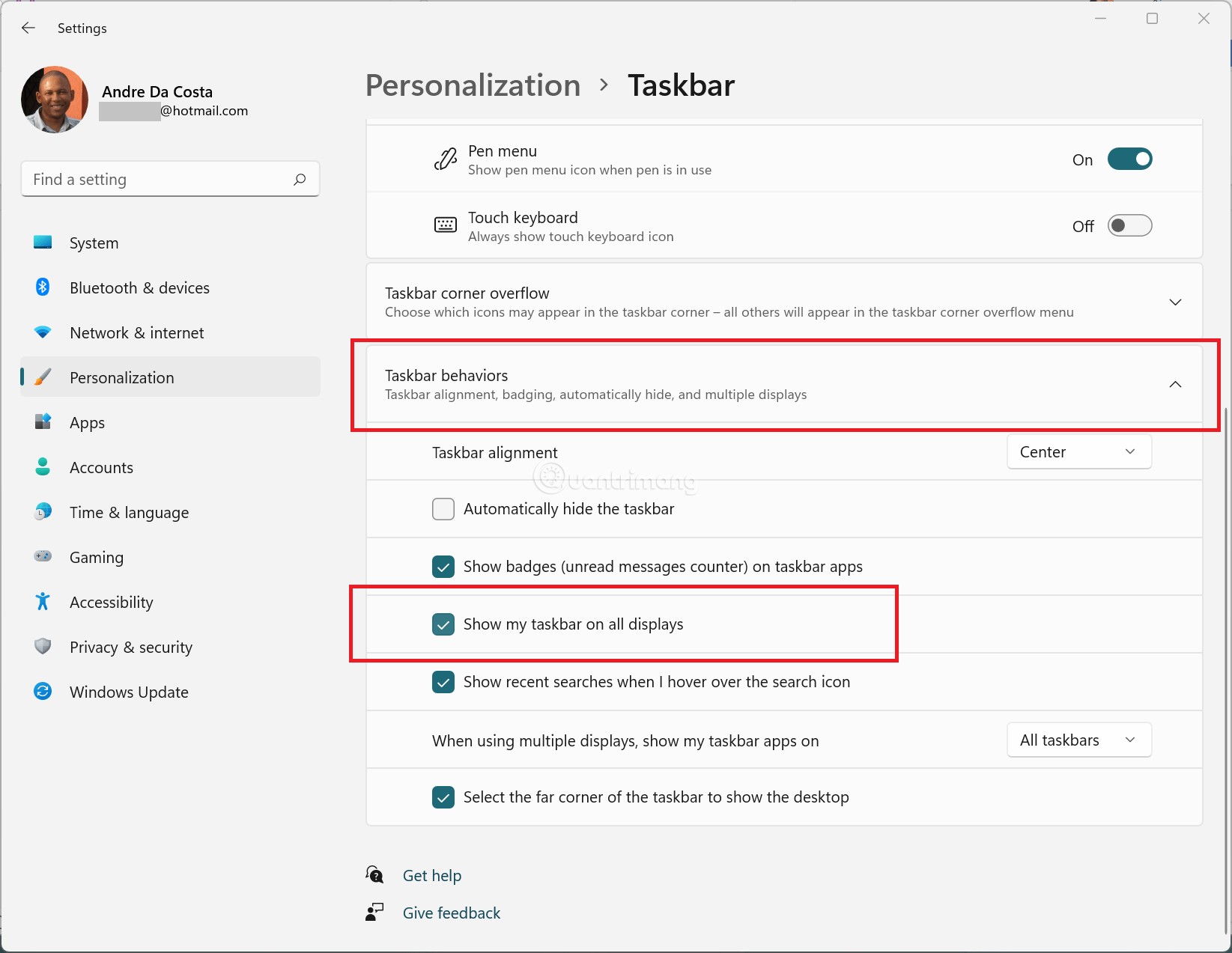 tích vào tùy chọn Show my taskbar on all displays.
