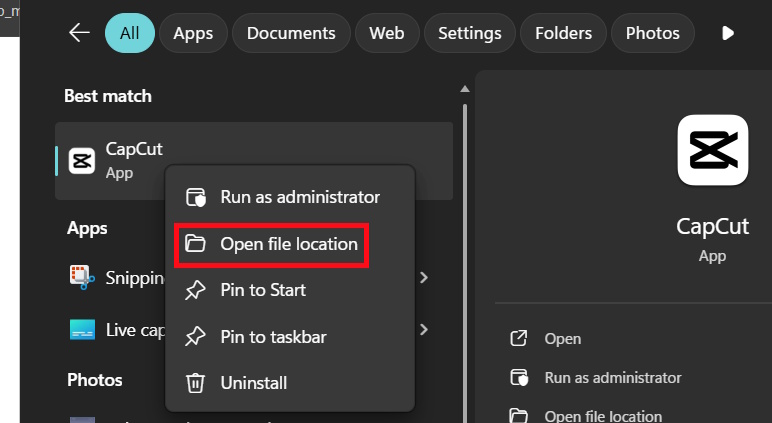 Mở thư mục cài đặt ứng dụng Windows