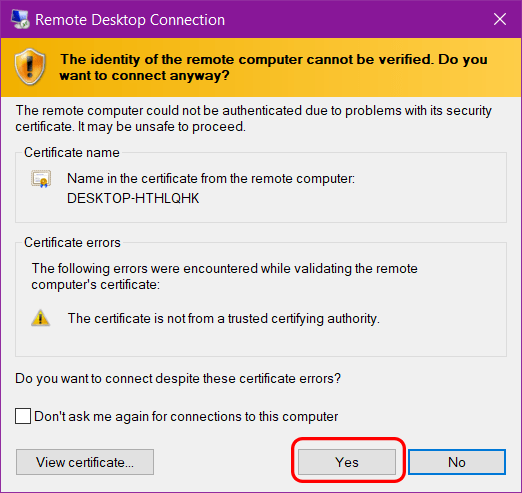 Nhấn Yes để đồng ý kết nối với máy host