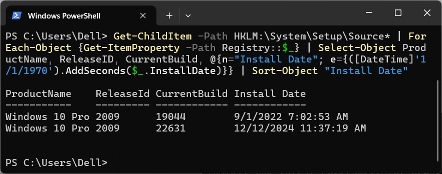 Tìm lịch sử ngày cài đặt Windows trong PowerShell