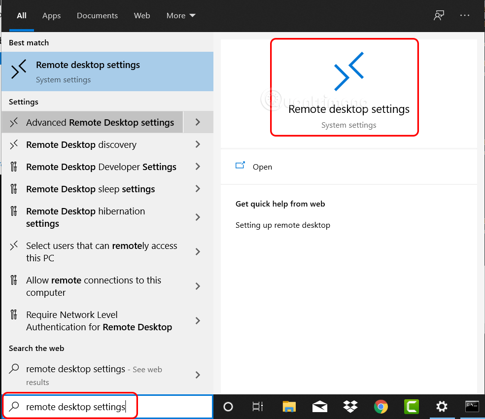 Truy cập vào Remote desktop settings