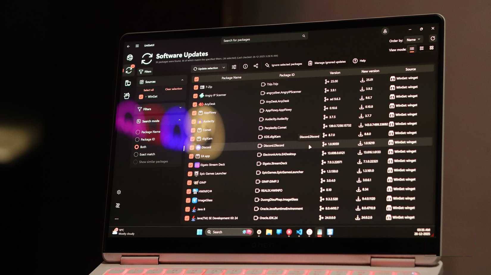 Màn hình cập nhật phần mềm trên UniGetUI