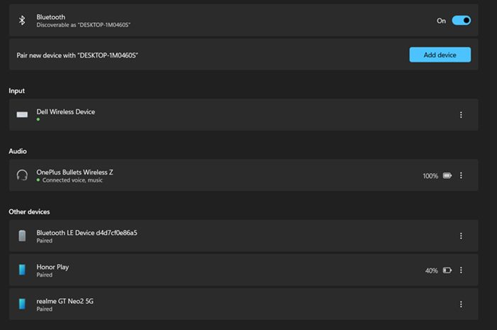 Dung lượng pin thiết bị Bluetooth trên Windows 11
