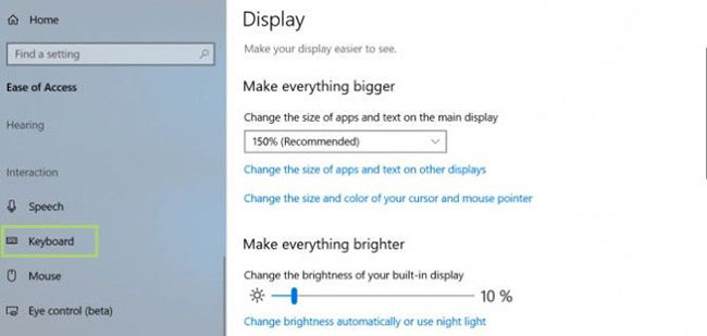 Chọn Keyboard dưới tiêu đề Interaction