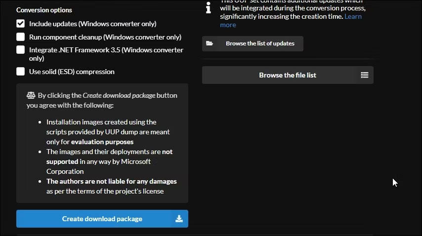Tùy chọn chuyển đổi kết xuất gói tải xuống gói UUP