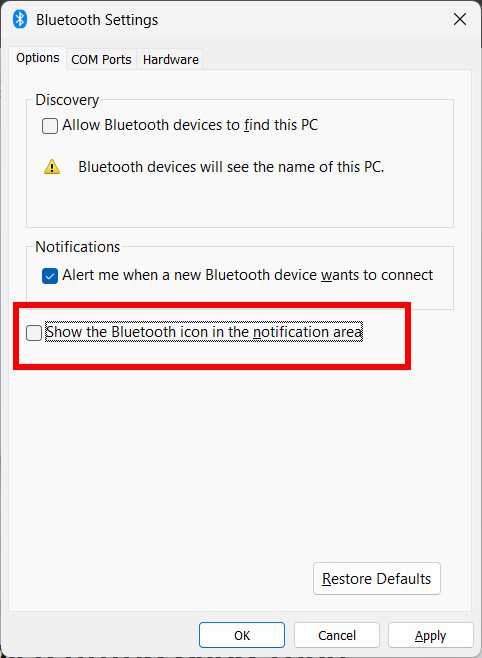 Ẩn biểu tượng Bluetooth Windows