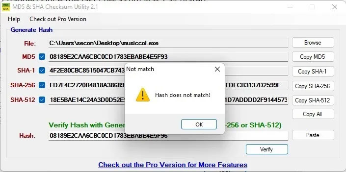 Thông báo Hash did not match trong MD5 & SHA Checksum Utility