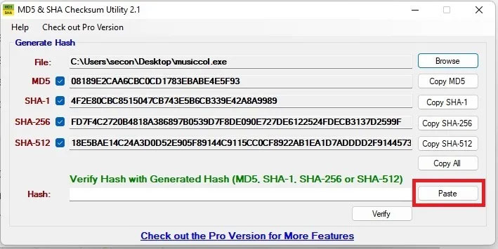 Dán checksum trong MD5 & SHA Checksum Utility