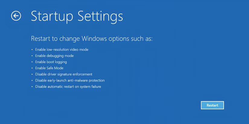 Trang Windows Recovery Environment với tùy chọn Startup Settings