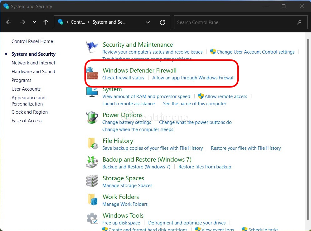 Nhấn vào Windows Defender Firewall