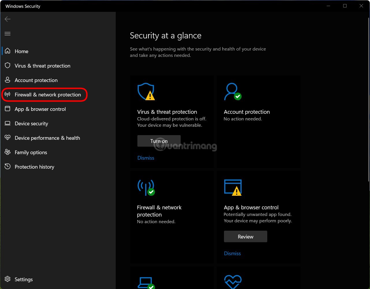 Nhấp vào Firewall & network protection