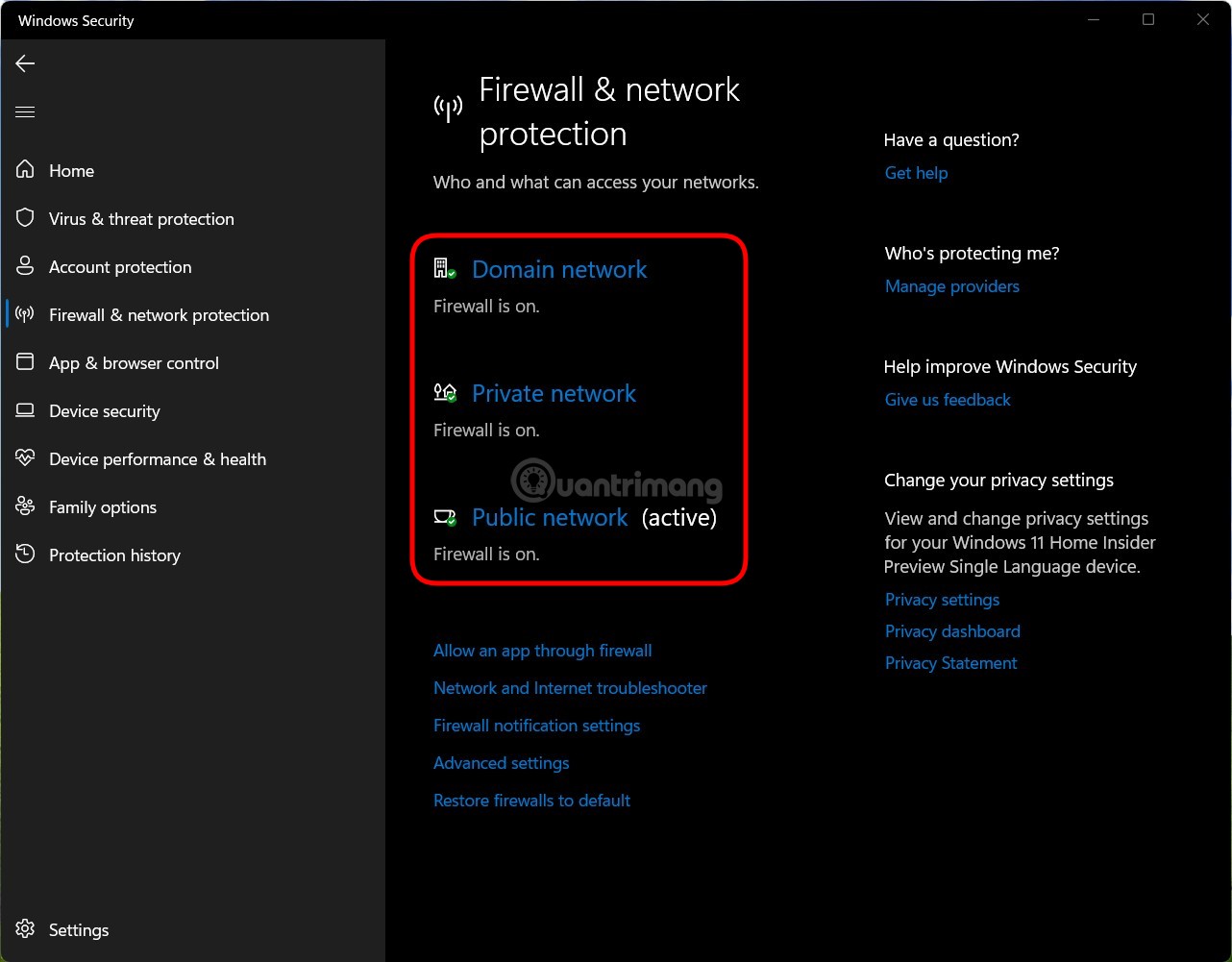 Nhấp vào từng mạng mà bạn muốn tắt tường lửa trong số ba mạng Domain network, Private network và Public network