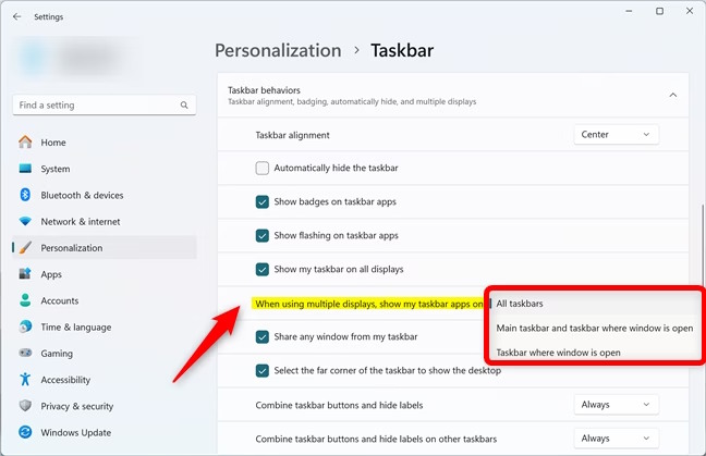Đổi vị trí ứng dụng trên Taskbar nhiều màn hình Windows 11